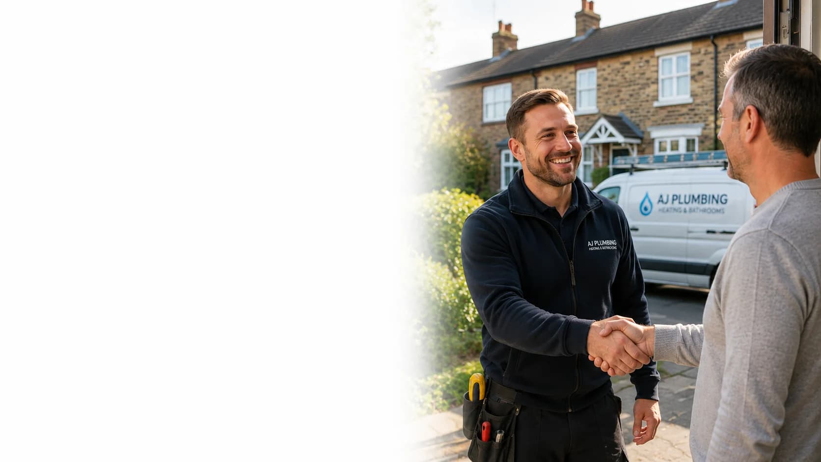 A uniformed plumber greeting a homeowner on their doorstep, his signwritten van parked on the drive behind him