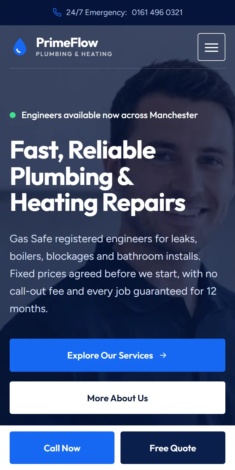 A demo plumbing website on a phone: a bold headline, a photo of the engineer, and Call Now and Free Quote buttons